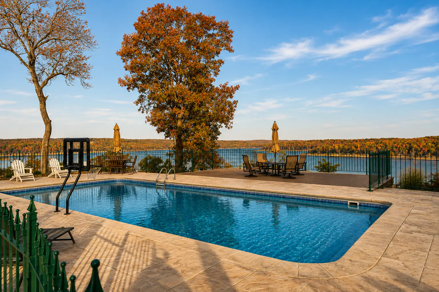 Custom rectangle inground vinyl pool overlooking an Arkansas lake