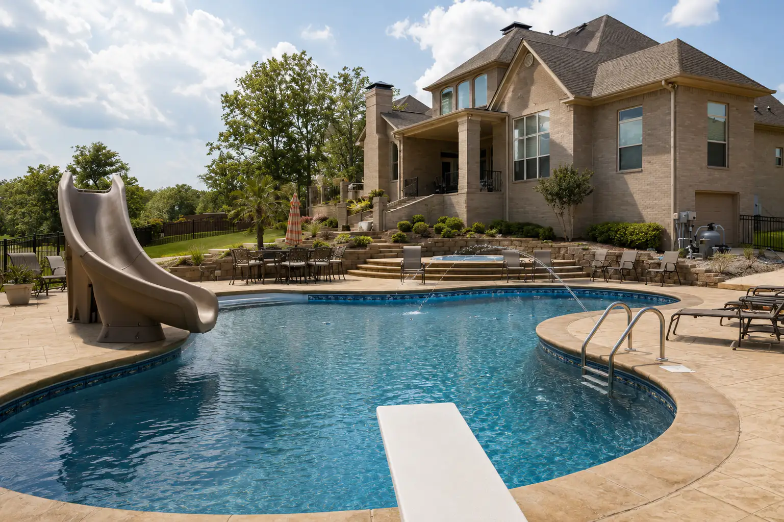 Freeform vinyl pool with slide and vinyl steps in Arkansas